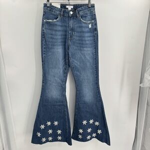Forever 21 Jeans Womens 26 Blue Flare Embroidered Daisy Raw Hem Denim Jeans